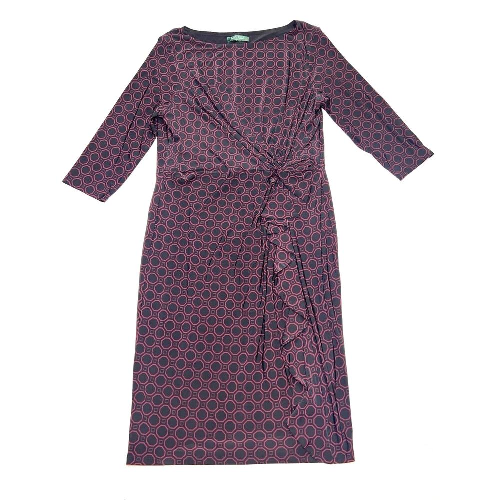 Lauren Ralph Lauren Wrap Dress Size S/M Red Black Geometric Knee Length 3/4 Slve